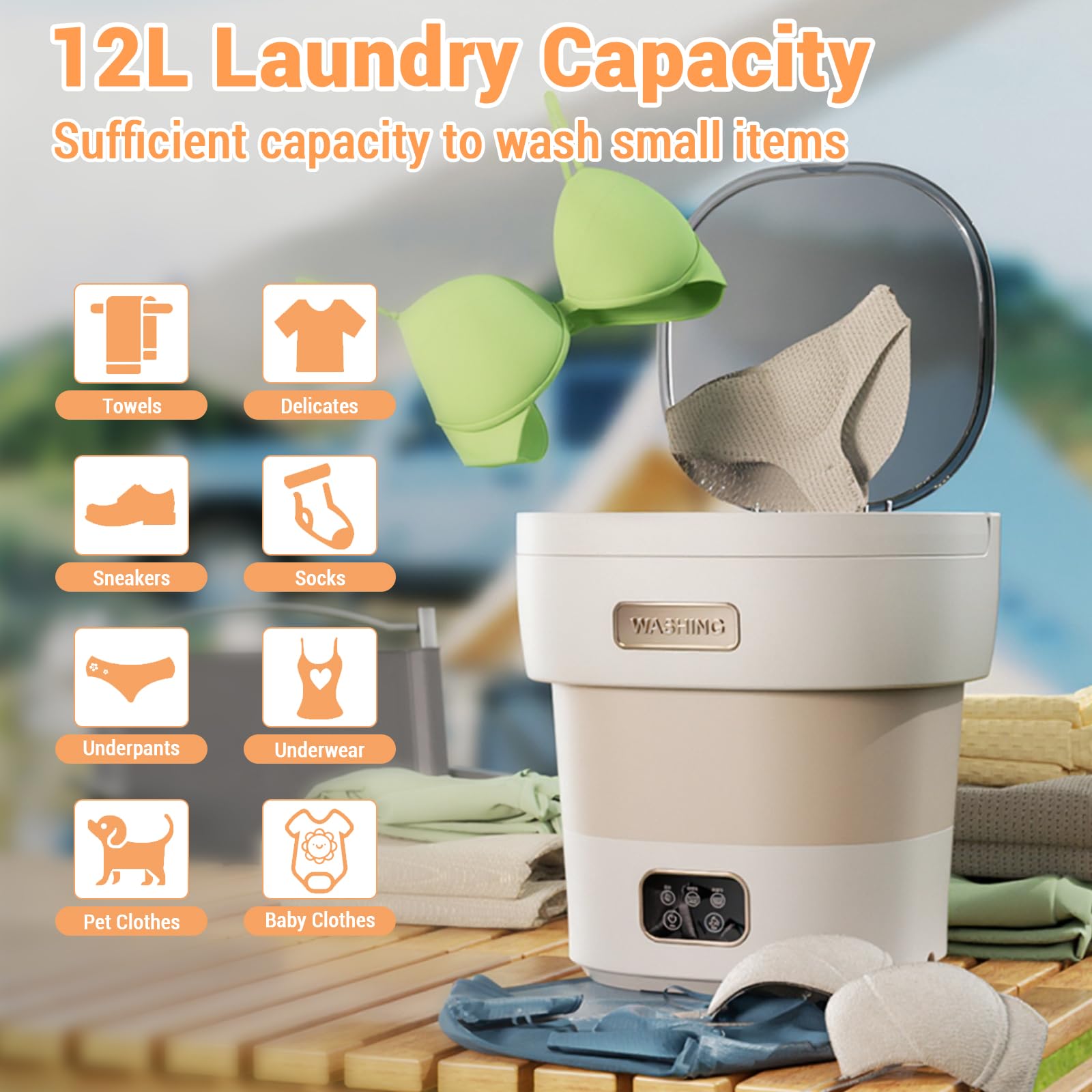 Garvee Machine à laver pliable pour le camping, 12 L avec essoreuse, pour sous-vêtements, vêtements de bébé, chaussettes, beige/blanc, compacte et portable