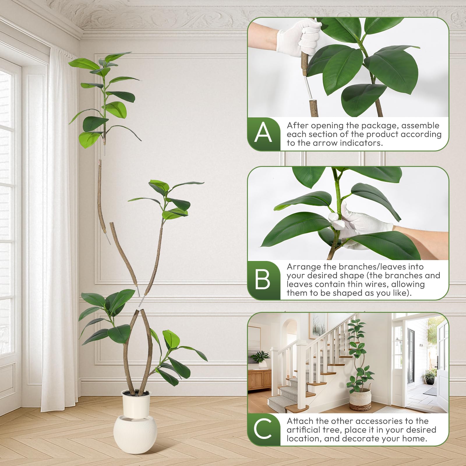 Garvee Arbre artificiel chêne vert 180 cm, pot crème, feuilles réalistes, base stable, résistant aux UV, décoration intérieure bureau