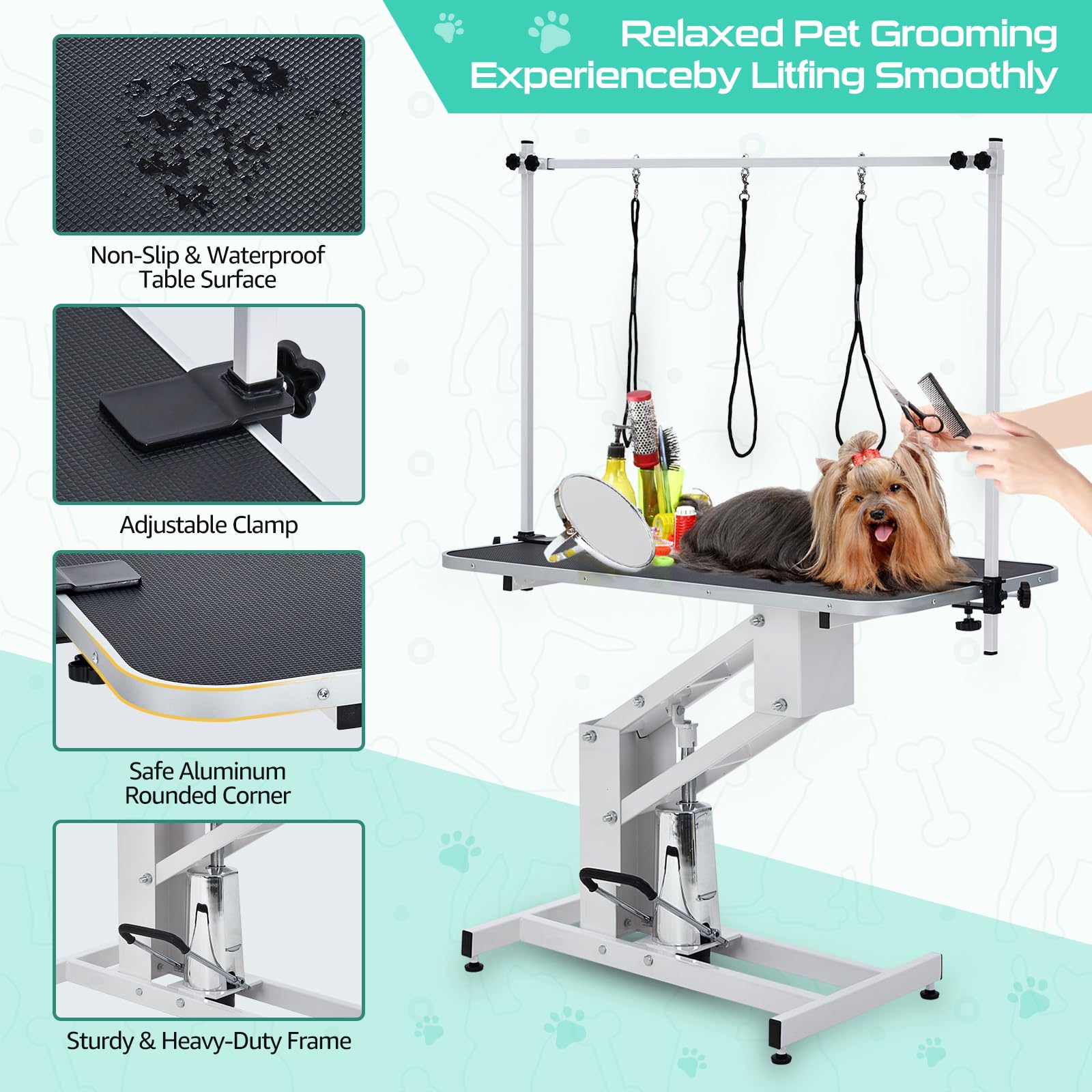 Table de toilettage Garvee pour animaux de compagnie, réglable en hauteur, robuste, avec bras de suspension et sangle pour chiens et chats, 110 x 60 cm, noire