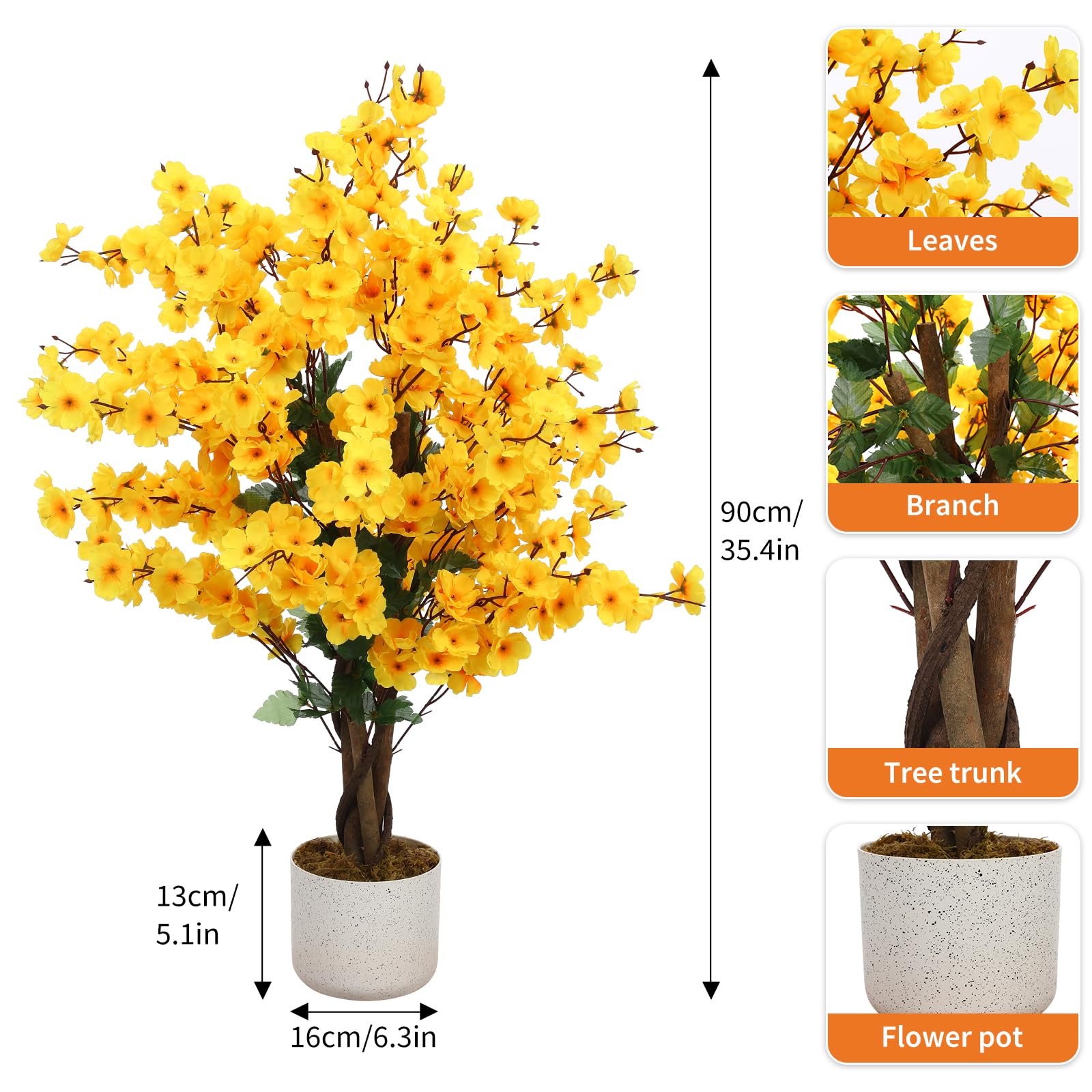 Arbre artificiel Garvee de 90 cm (3 pi) avec pot noir, idéal pour la décoration du salon et du bureau. Fleurs de prunier réalistes, persistant, en polyester, jaune.