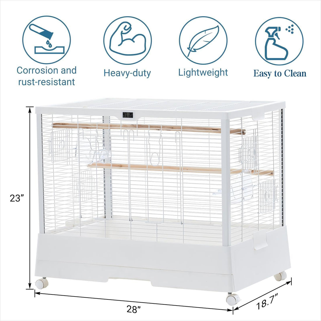 Cage à oiseaux Garvee 71 cm (28 pouces) avec thermo-hygromètre, plateau amovible et structure métallique robuste, idéale pour les perruches et les perroquets, à la maison comme en voyage.