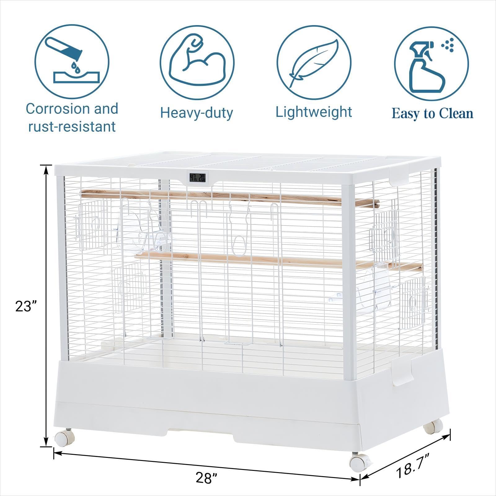 Cage à oiseaux Garvee 71 cm (28 pouces) avec thermo-hygromètre, plateau amovible et structure métallique robuste, idéale pour les perruches et les perroquets, à la maison comme en voyage.