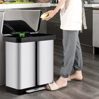 Poubelle de cuisine Garvee 2 x 36 L avec système de tri des déchets, en acier inoxydable, à pédale, double compartiment, sans contact et silencieuse, couleur argent.