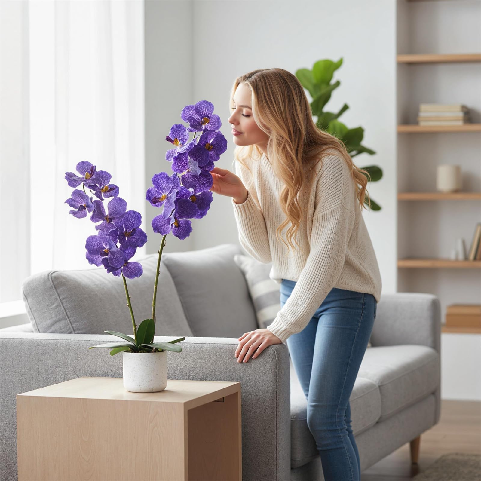 Orchidée Phalaenopsis artificielle Garvee de 79 cm (31 po) avec 14 fleurs, pot blanc, décoration pour salon et bureau, entretien facile, longue durée