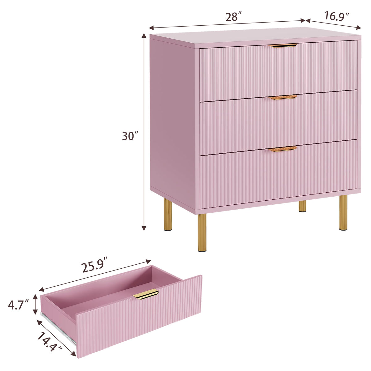 Commode moderne rose Garvee à 3 tiroirs avec poignées dorées pour chambre et salon, 71 x 43 x 76 cm, bois MDF