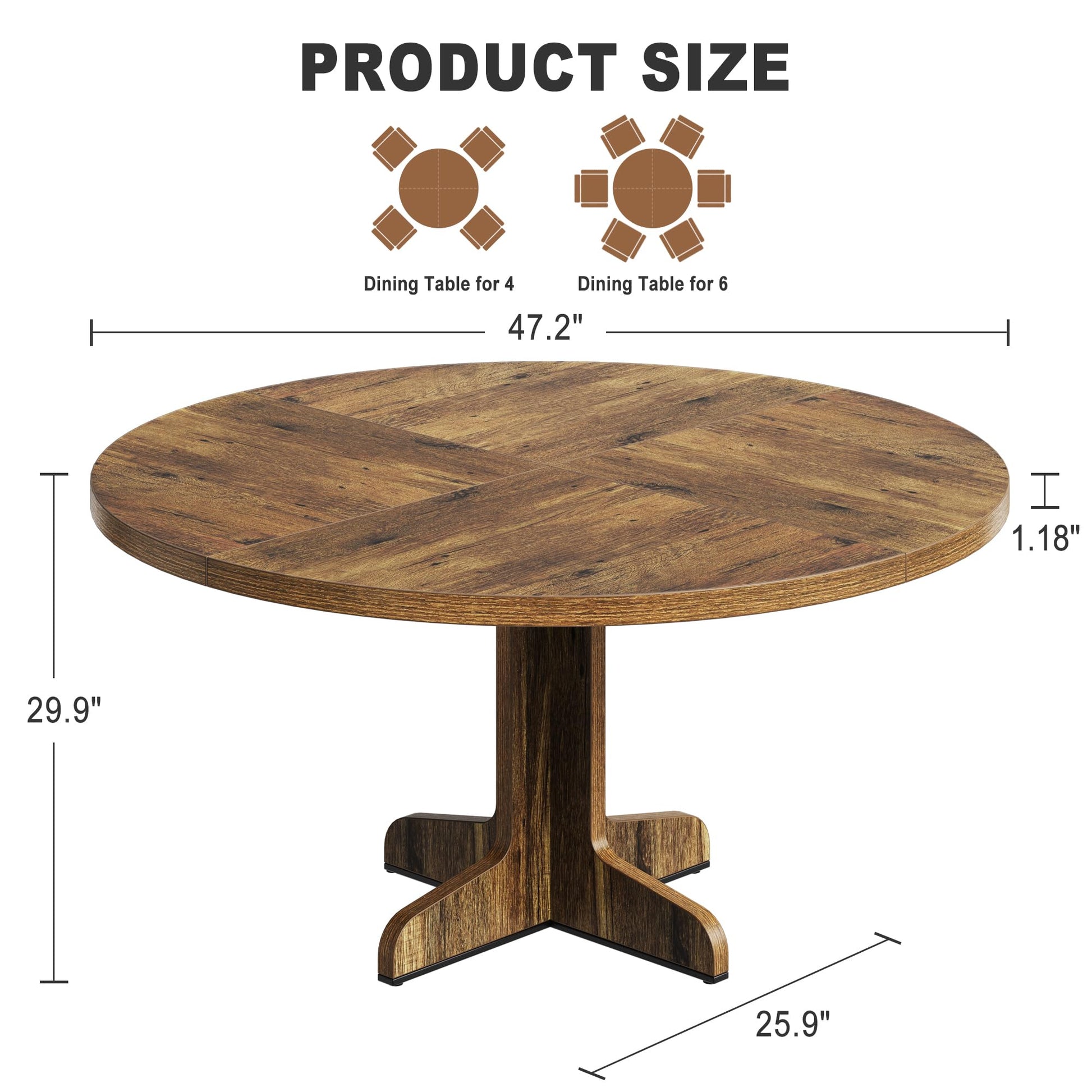 Garvee Table à manger ronde en bois 119 cm pour 4 à 6 personnes, structure robuste, pieds réglables, finition noire élégante, cuisine et salon