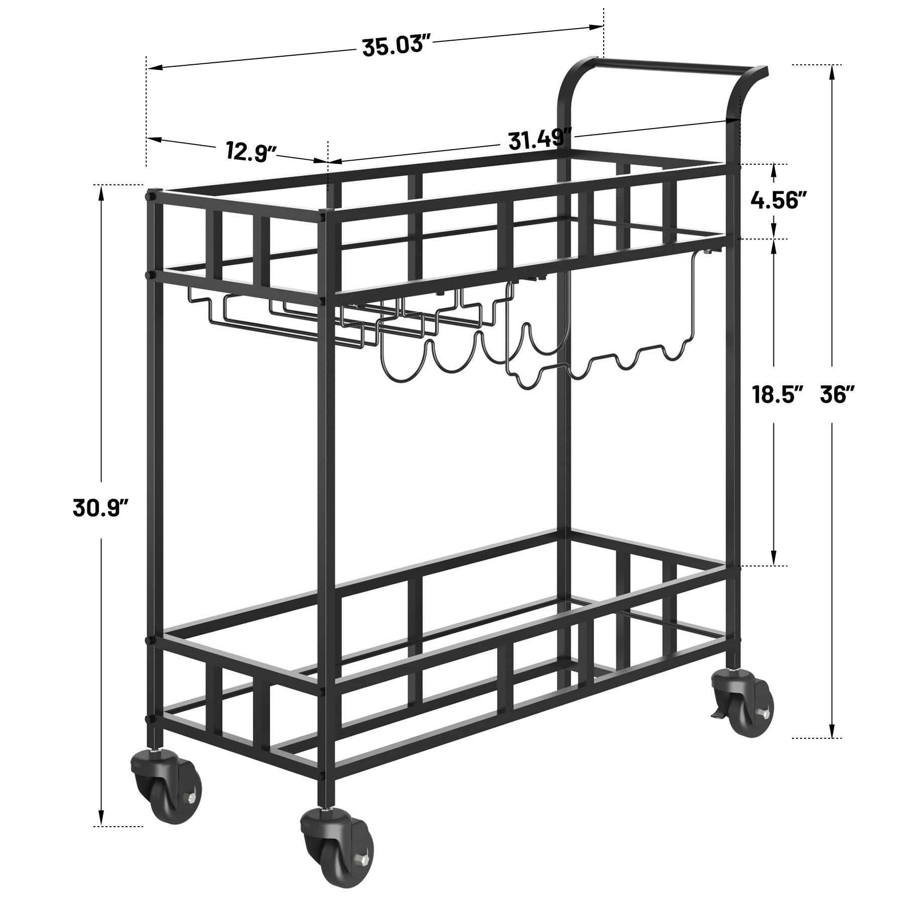 Chariot de bar à vin roulant Garvee à 2 niveaux avec étagères miroir, porte-bouteilles, système de suspension pour verres, structure en métal, roulettes pivotantes à 360°, compact pour le salon et les réceptions, 86 x 38 x 90 cm, couleur métallisée