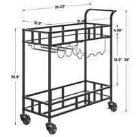 Chariot de bar à vin roulant Garvee à 2 niveaux avec étagères miroir, porte-bouteilles, système de suspension pour verres, structure en métal, roulettes pivotantes à 360°, compact pour le salon et les réceptions, 86 x 38 x 90 cm, couleur métallisée