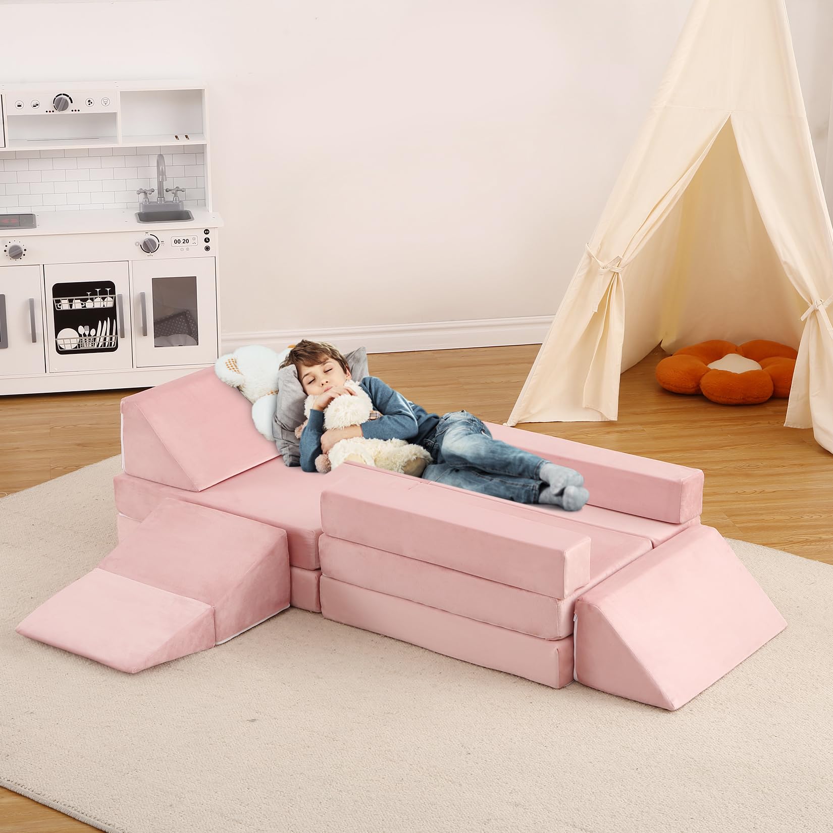 Garvee Canapé modulable enfant 12 pièces, convertible et polyvalent, mousse résistante, housse lavable, coloris teal et rose, idéal salle de jeux et chambre d’enfant