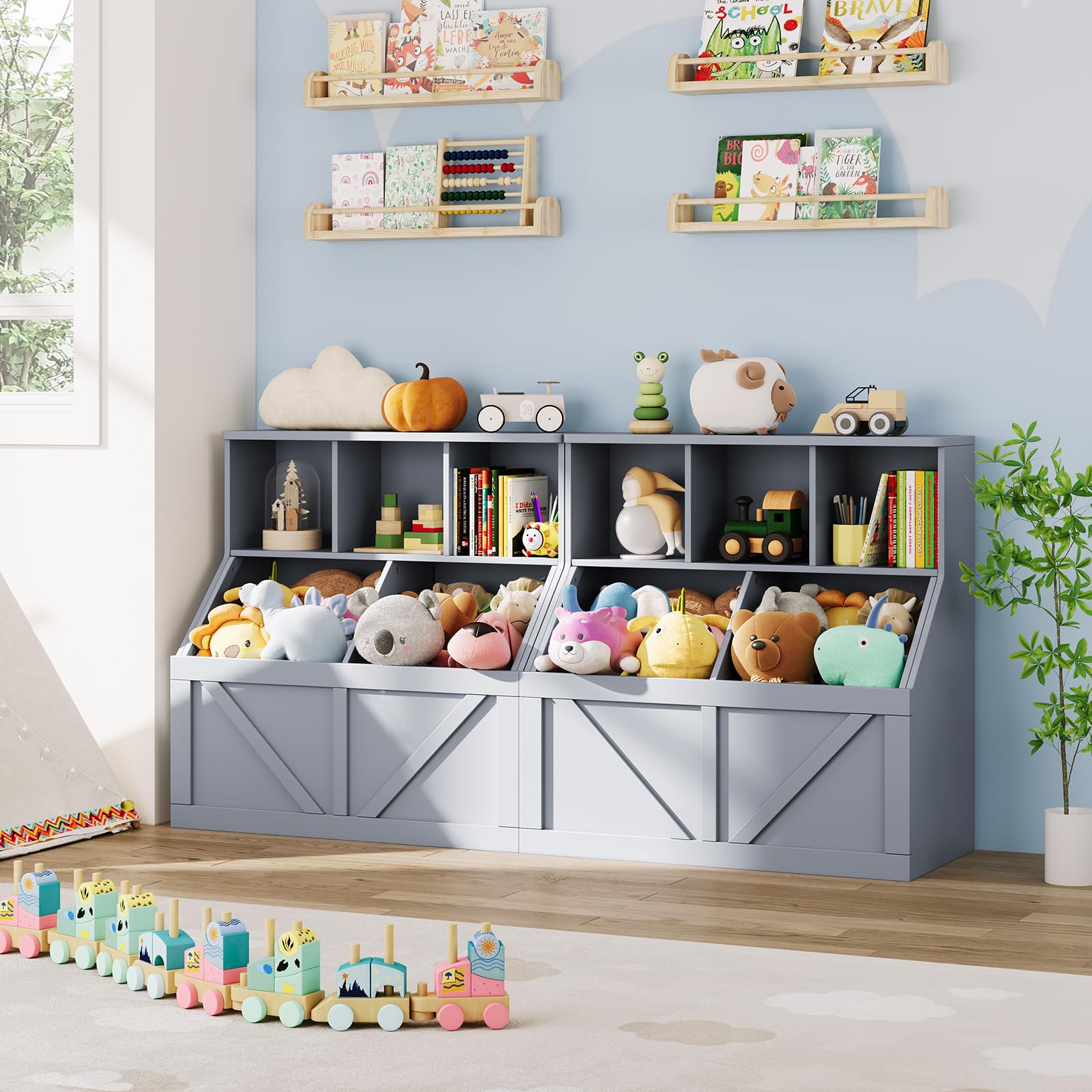 Étagère et rangement pour jouets Garvee pour enfants, avec 3 étagères ouvertes et 2 grands compartiments, gris, pour chambre d'enfant et salle de jeux, robuste et sécuritaire, en MDF, 90 x 42 x 92 cm