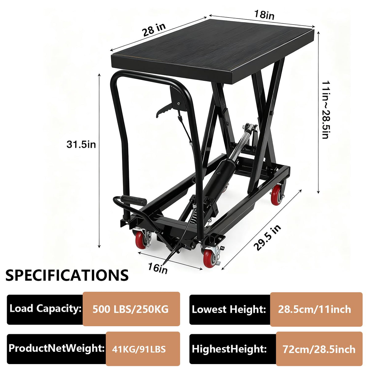Table élévatrice hydraulique Garvee noire 72 cm – 227 kg, mécanisme à double ciseaux, plaque antidérapante et barre de sécurité