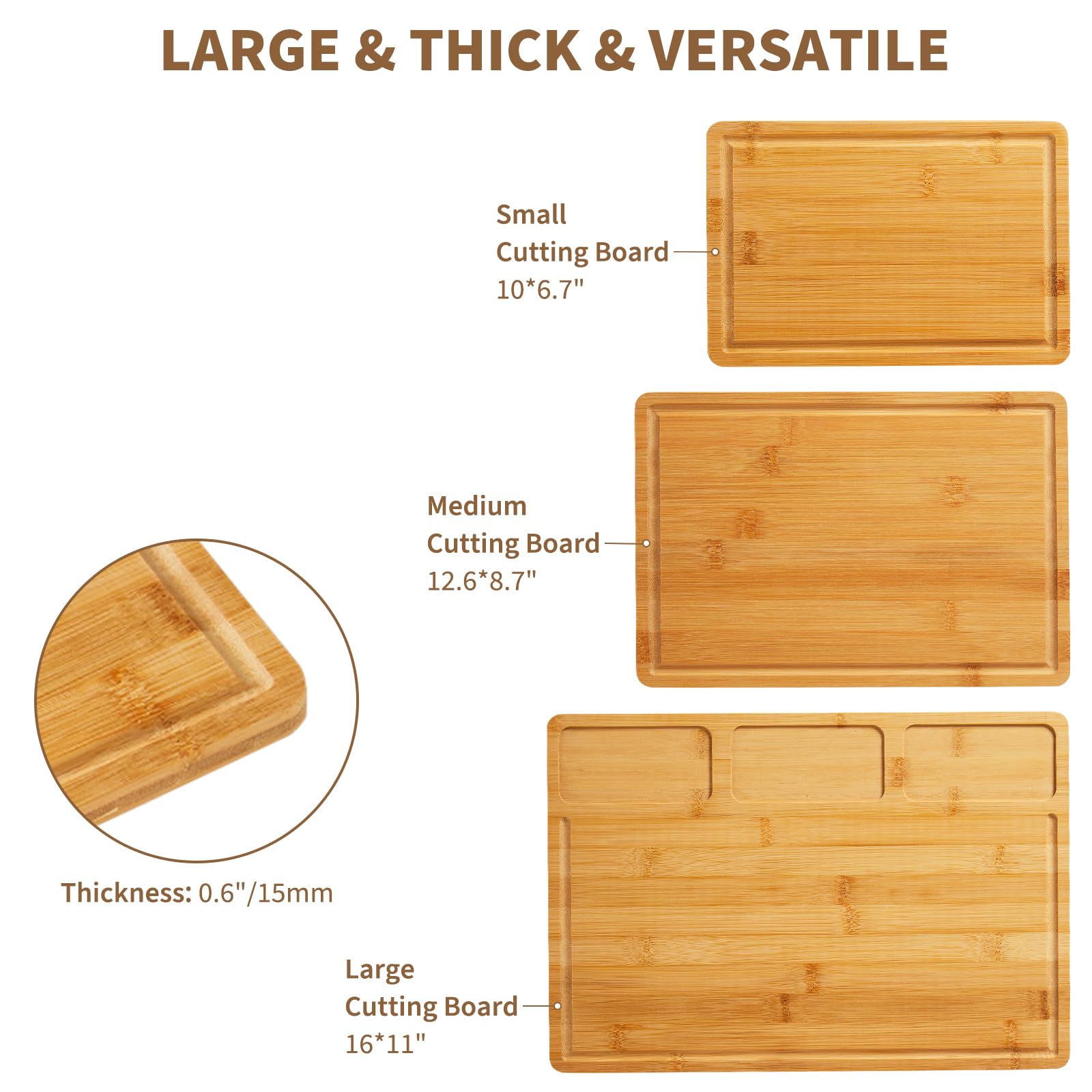 Ensemble de planches à découper en bambou Garvee, 3 pièces, avec poignées intérieures et rainures à jus, 40,6 x 27,9 cm (bois naturel)