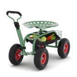 Garvee Chariot de jardin avec siège et roues pour potager surélevé, siège pivotant à 360°, matériau robuste, poignée de direction, plateau à outils