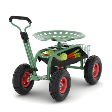 Chariot de jardin Garvee avec siège et roues pour potager surélevé, siège pivotant à 360°, matériau robuste, poignée de direction, plateau à outils