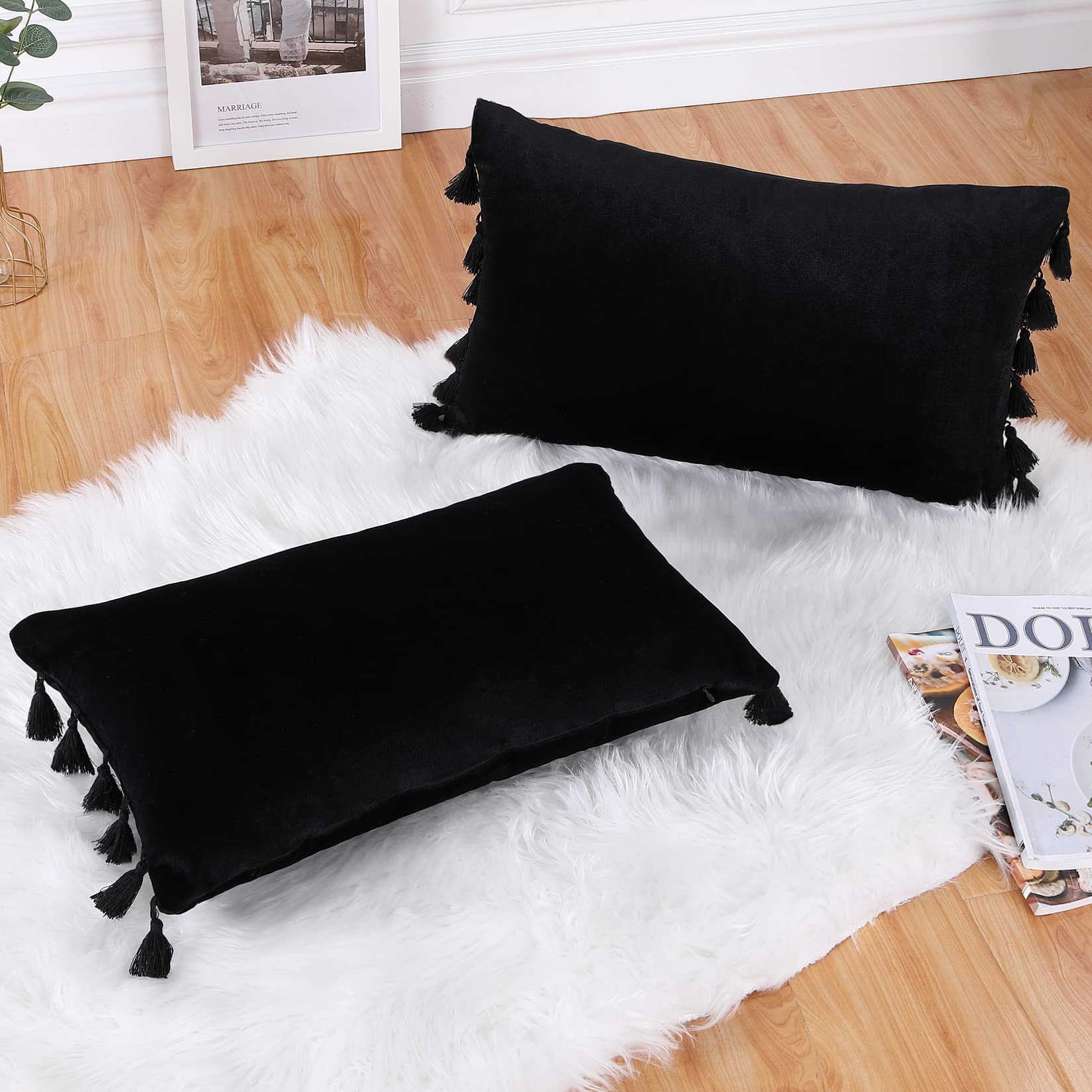 Coussin rectangulaire en velours Garvee avec pompons et fermeture éclair invisible, 30 x 50 cm, noir, pour salon