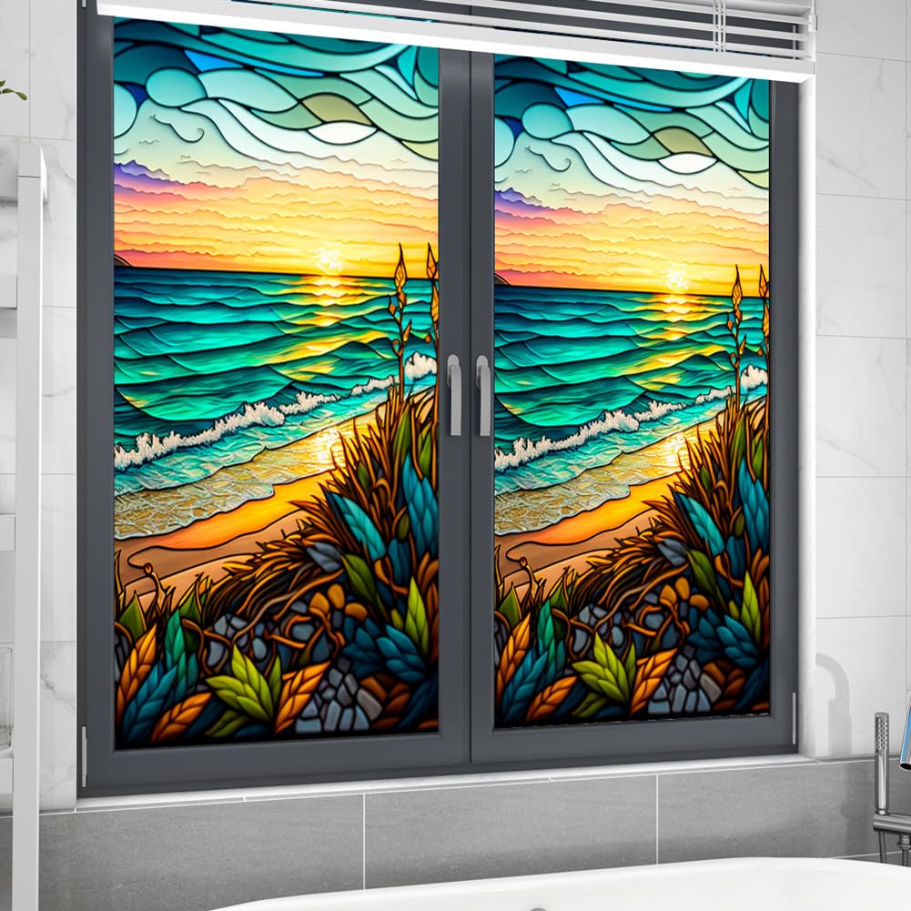 Film pour fenêtre PVC Garvee 60x100cm, motif coucher de soleil en bord de mer, protection UV, isolation thermique, coloré, pour fenêtres résidentielles et de bureaux