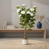 Garvee Lot de 2 camélias artificiels de 90cm avec pot blanc, pour l'intérieur et les espaces extérieurs couverts. Entretien facile. Fleurs réalistes