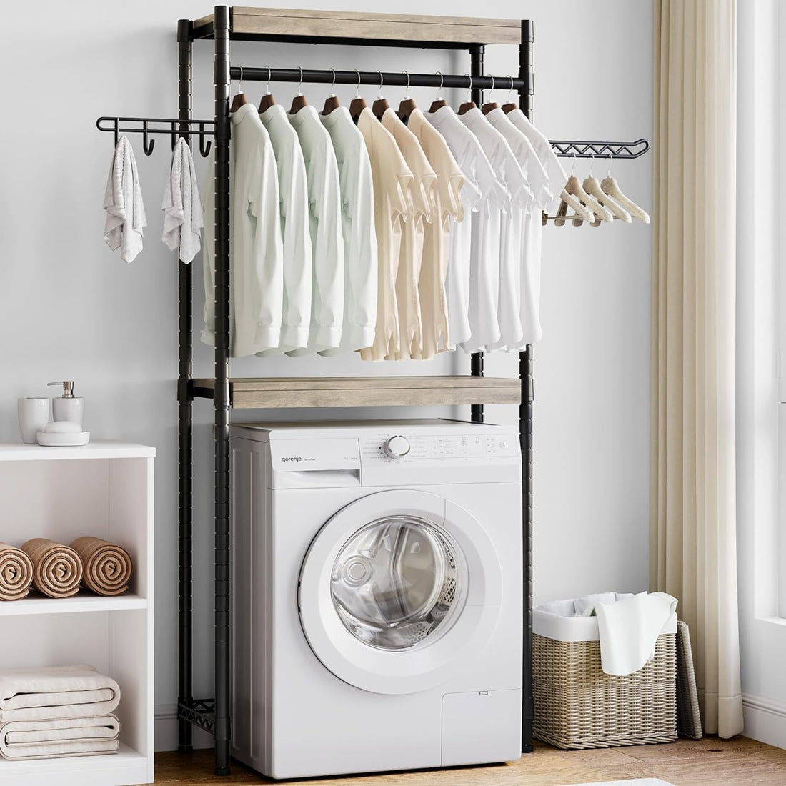 Étagère à linge Garvee 76 cm avec étendoir, réglable, 4 niveaux, bois et acier, pour lave-linge, salle de bain et buanderie, gain de place, 71 cm, couleur naturelle