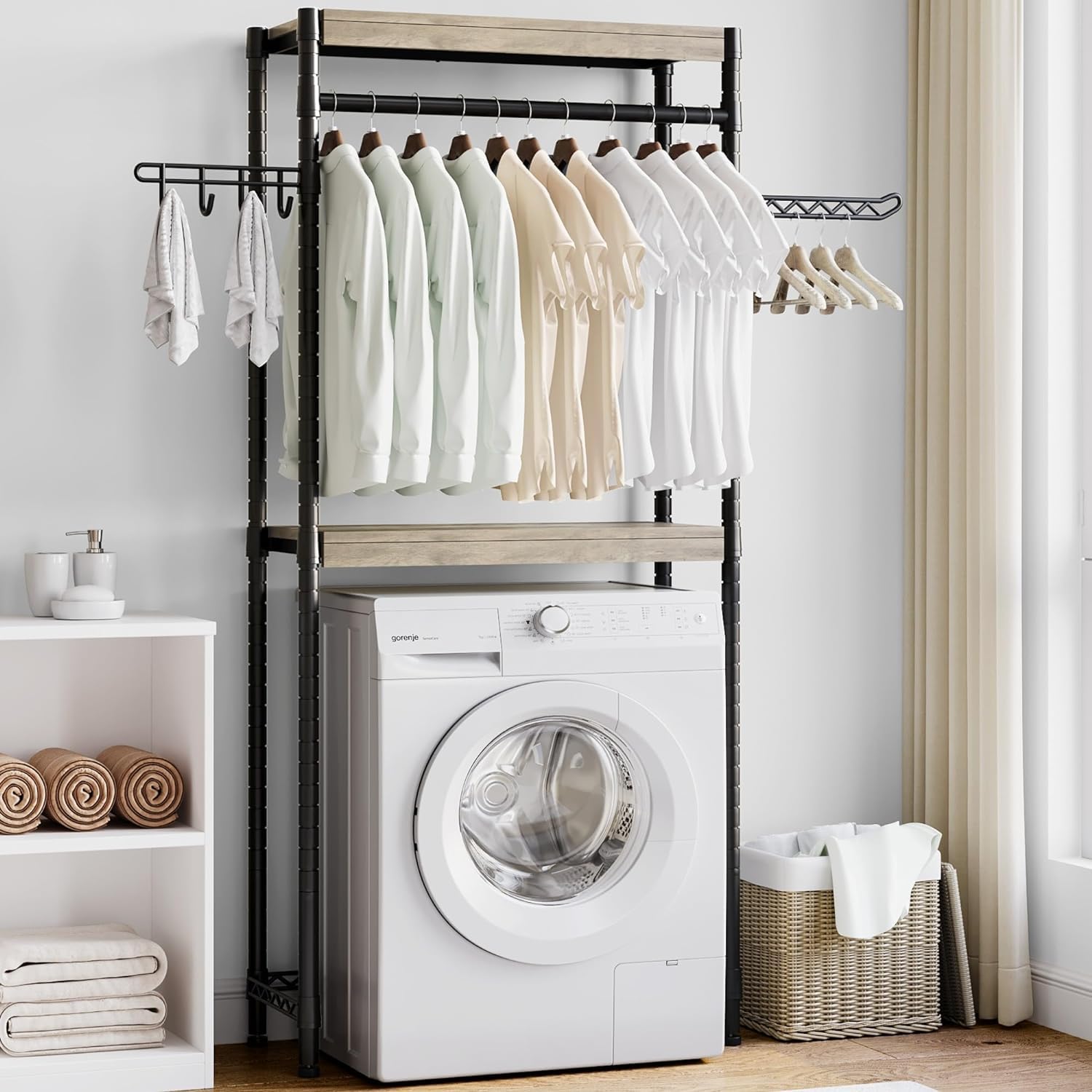 Étagère à linge Garvee 76 cm avec étendoir, réglable, 4 niveaux, bois et acier, pour lave-linge, salle de bain et buanderie, gain de place, 71 cm, couleur naturelle