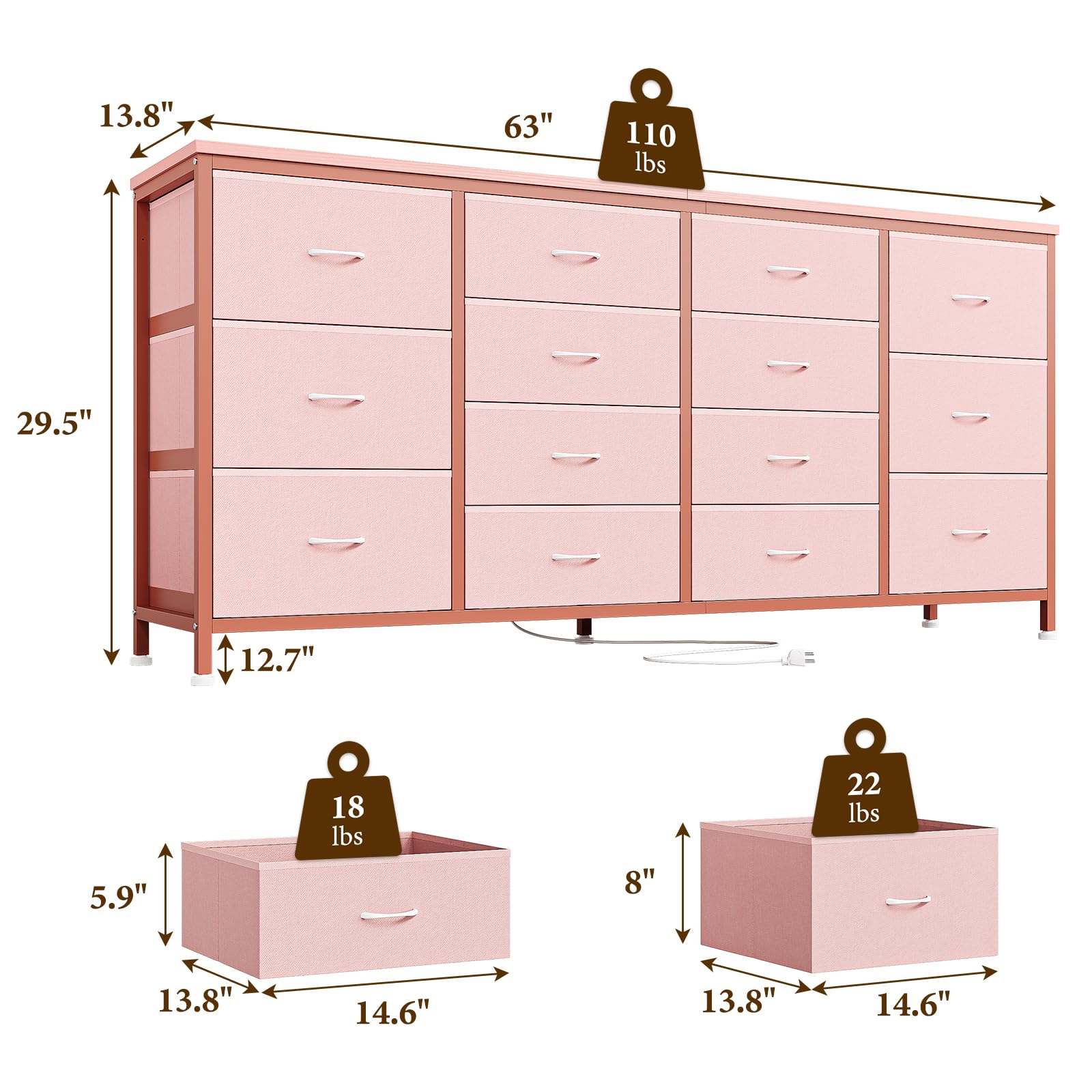 Garvee Meuble TV 63 po (160 cm) de large pour téléviseurs de 65 à 75 po (165 à 190 cm), 14 tiroirs, plateau en tissu et bois, protection anti-basculement, pour chambre et salon, durable et sûr