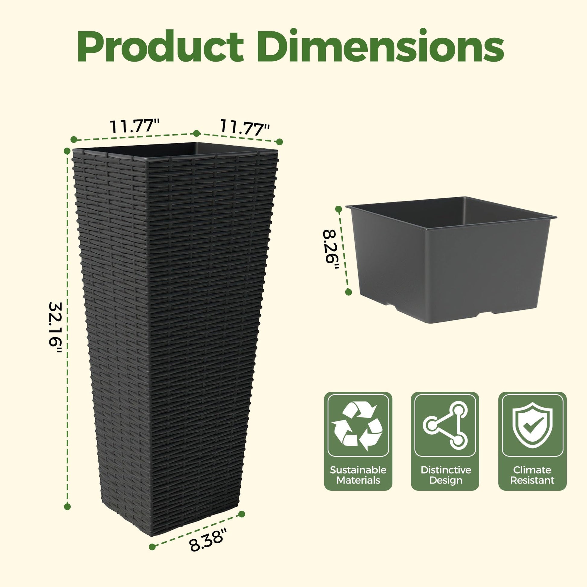 Garvee Lot de 2 jardinières hautes de 81 cm (32 pouces), résistantes aux intempéries, en résine PP, design moderne en rotin, noires, pour jardin et terrasse.
