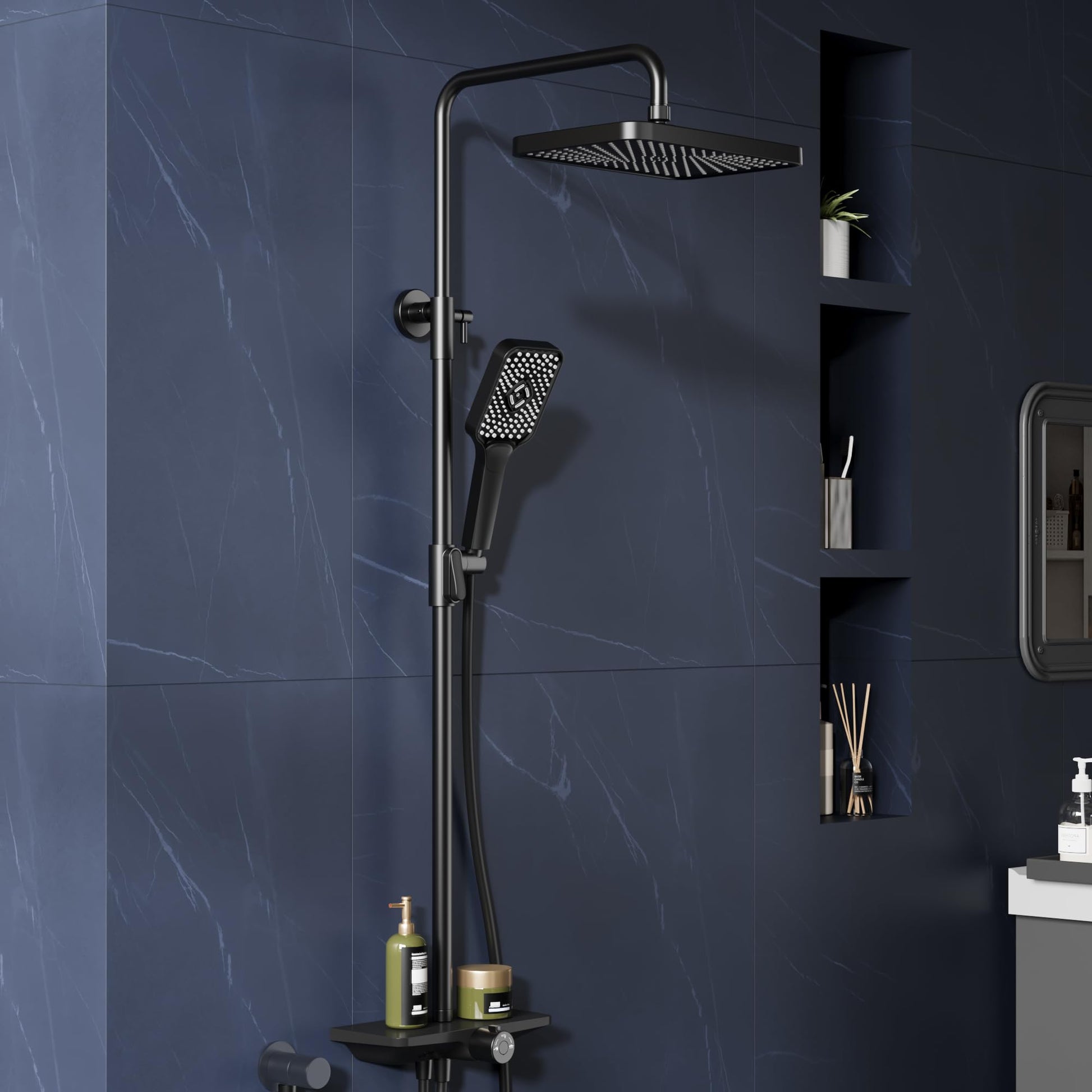Système de douche à effet pluie Garvee sans accessoires, avec étagère, en acier inoxydable noir, 30 x 20,5 cm