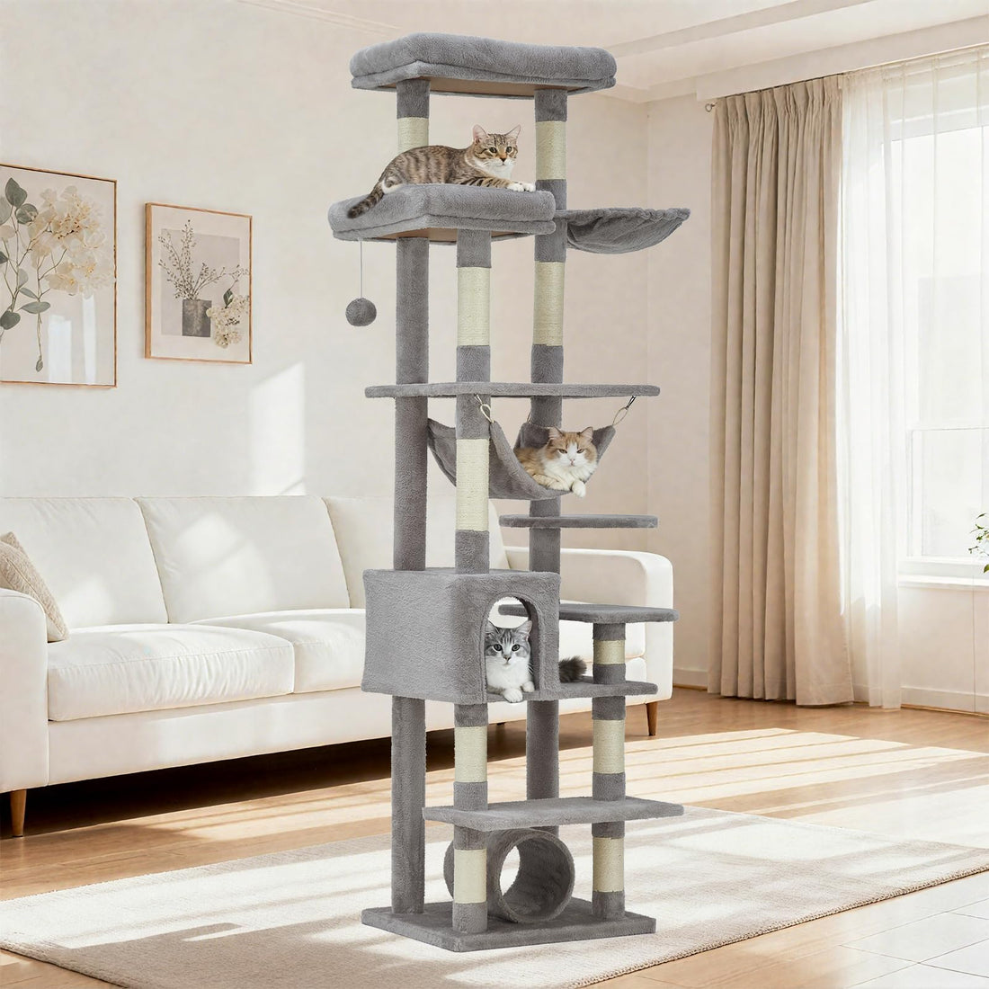 Arbre à chat Garvee pour grands chats, 188 cm, stable et sécuritaire, avec 11 poteaux à griffer et un hamac. Mobilier d'intérieur pour chat, en bois et peluche.