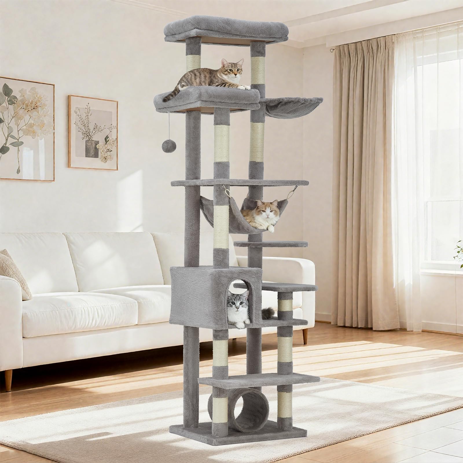 Arbre à chat Garvee pour grands chats, 188 cm, stable et sécuritaire, avec 11 poteaux à griffer et un hamac. Mobilier d'intérieur pour chat, en bois et peluche.