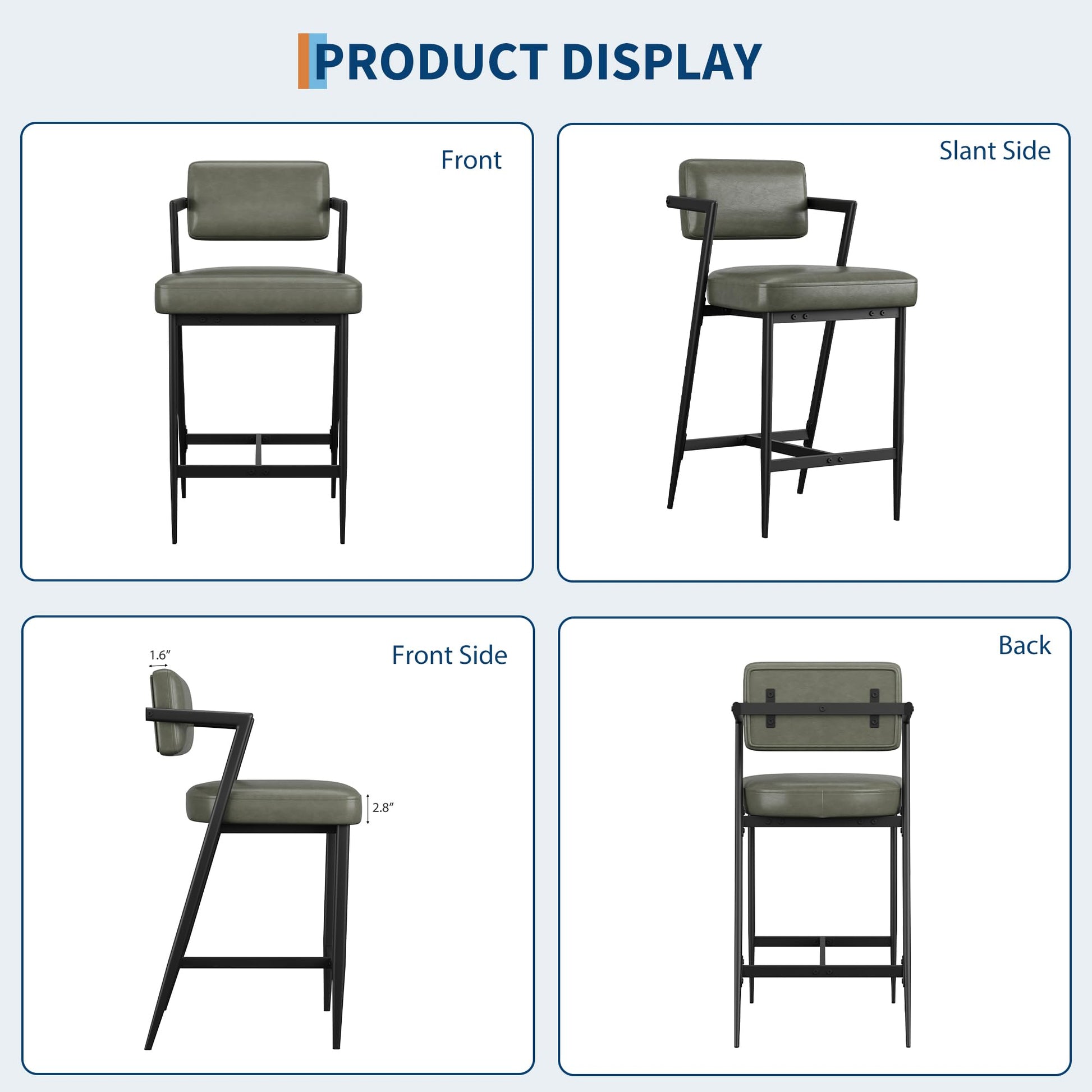 Ensemble de 2 tabourets de bar Garvee, assise rembourrée, structure en métal, dossier, repose-pieds, vert rétro, pour cuisine et comptoir de bar, 68 cm