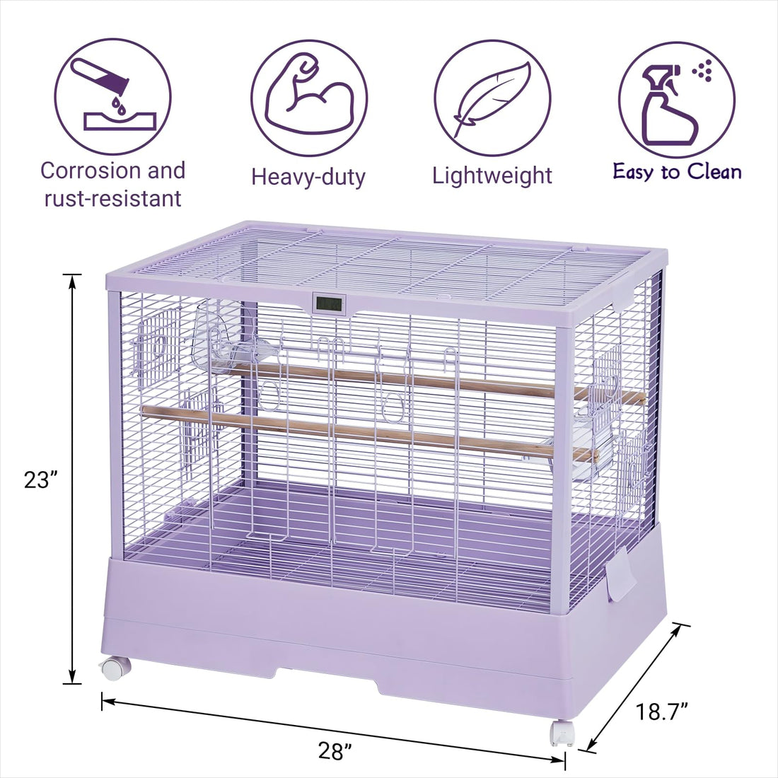 Cage à oiseaux Garvee 71 cm avec thermo-hygromètre, mobile et stable, robuste, 2 portes, 4 roues, pour perruches ondulées, 71 x 46 x 58 cm, noire