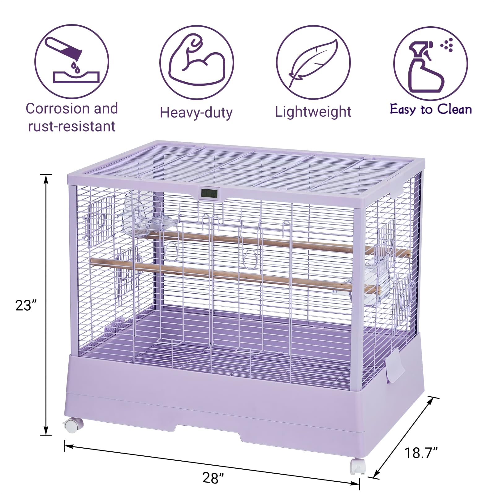 Cage à oiseaux Garvee 71 cm avec thermo-hygromètre, mobile et stable, robuste, 2 portes, 4 roues, pour perruches ondulées, 71 x 46 x 58 cm, noire