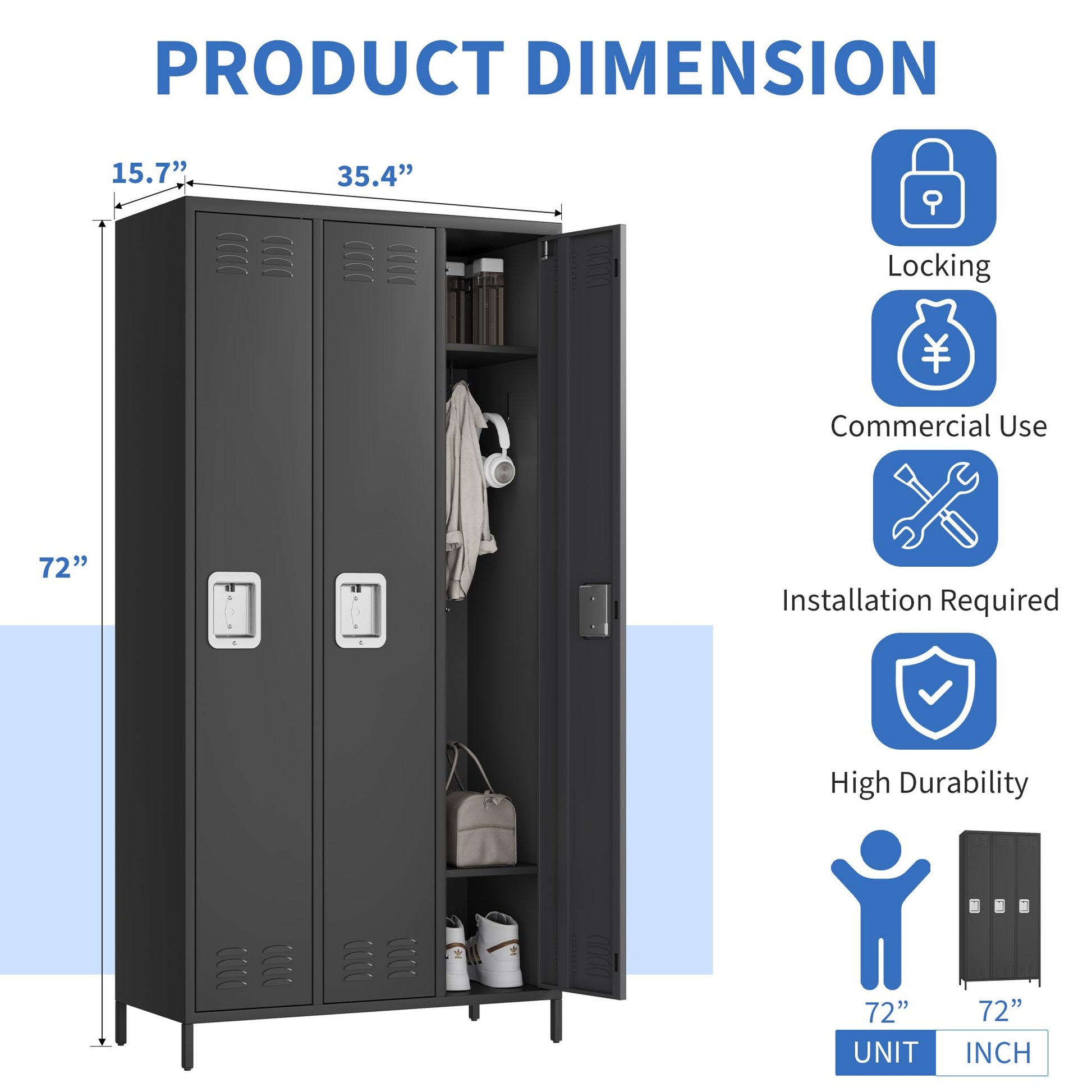 Casier Garvee pour employés, 3 portes, en métal avec serrure à combinaison, pour bureau et salle de sport, 183 cm (H) x 40 cm (L) x 90 cm (P), gris