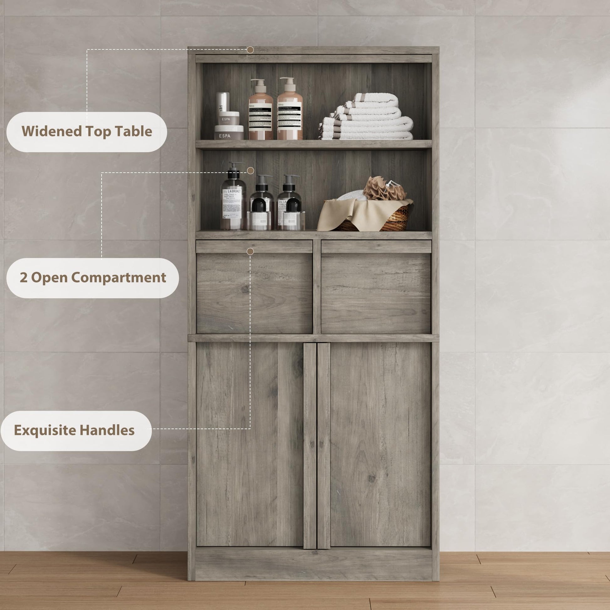 Armoire de salle de bain haute Garvee avec portes et 2 tiroirs, 130 cm de hauteur, MDF, imperméable, résistant aux rayures, autoportante, grise, polyvalente
