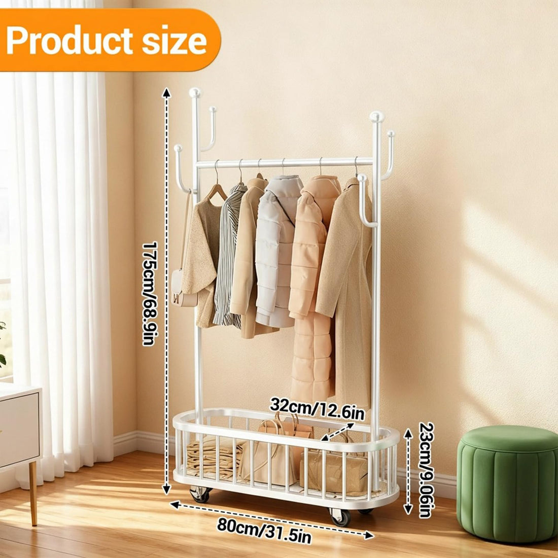 Garvee Ptant à vêtements à roulettes avec structure en métal, roulettes pivotantes à 360°, grand panier pour chambre et boutique, 100 × 175 cm, couleur métallisée, blanc, 80 × 32 cm