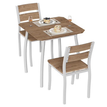 Ensemble de salle à manger Garvee pour 2 personnes avec table carrée et pieds en forme de O, structure en métal et chaise rembourrée, blanc et naturel, idéal pour les petites pièces et les appartements.