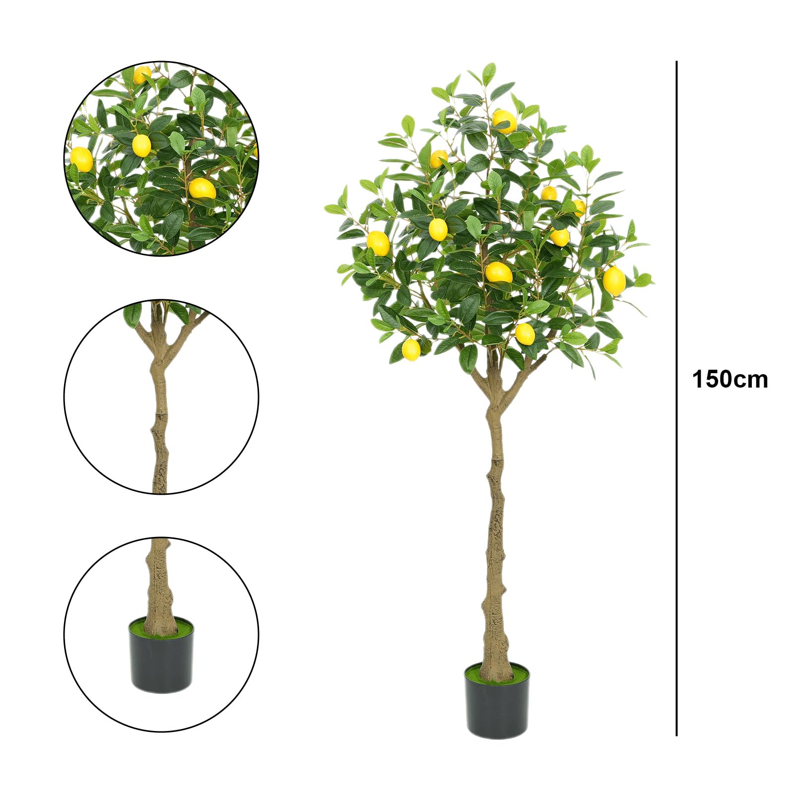 Citronnier artificiel Garvee de 1,5 m, réaliste, avec pot en ciment robuste, pour bureau et maison, vert et jaune
