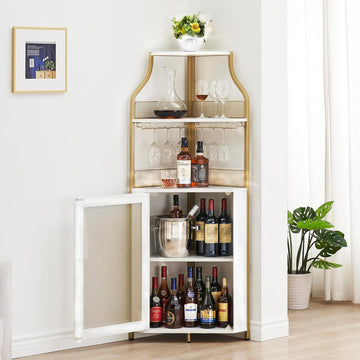 Meuble bar d'angle Garvee pour spiritueux avec étagères réglables, 155 cm, style industriel, structure robuste en MDF et métal, porte grillagée, porte-verres, autoportant, cuisine et salon, noir