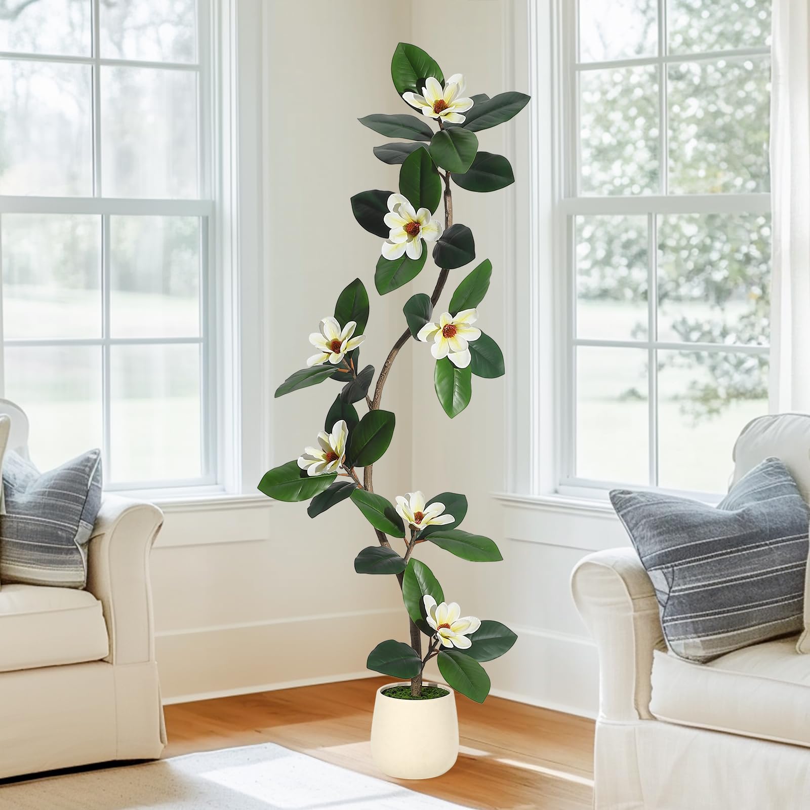Garvee Arbre artificiel caoutchouc 152 cm en pot blanc, plante d’intérieur avec 7 fleurs de magnolia, idéale salon, bureau et décoration maison.