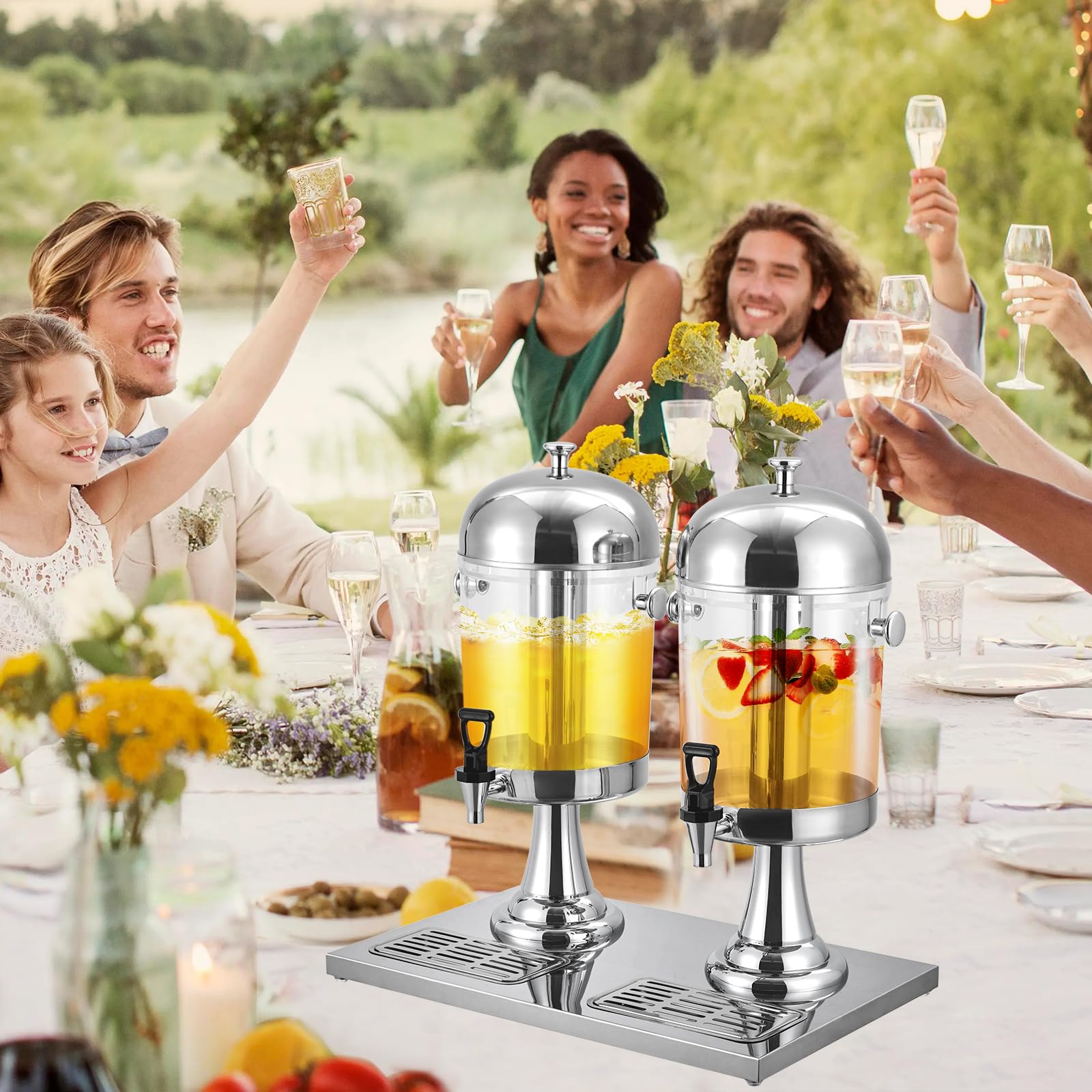 Garvee Distributeur de Boissons 16,7 L en Acier Inoxydable, avec Bac à Glaçons, Bac d’Égouttement et Support, Argenté, pour Fêtes et Mariages