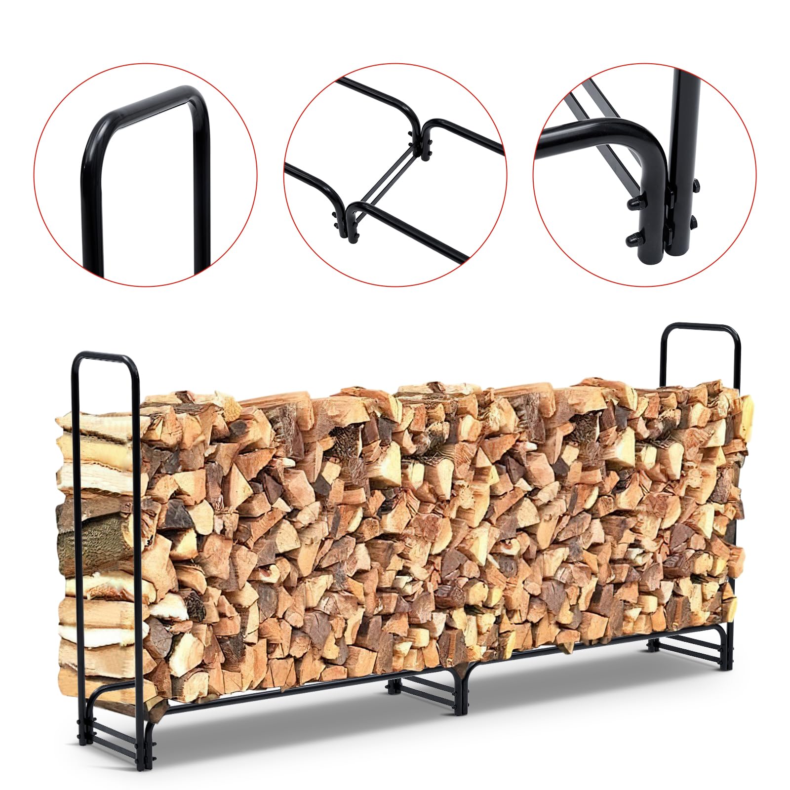 Râtelier à bûches d'extérieur Garvee de 2,6 m avec housse, capacité de 0,5 stère, pour terrasse et jardin, en acier, étanche, ventilé, à double support, noir