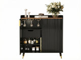Garvee Buffet bar à vin moderne avec portes cannelées, rangement grande capacité, bois et pieds métalliques, pour salon et salle à manger, noir - Noir