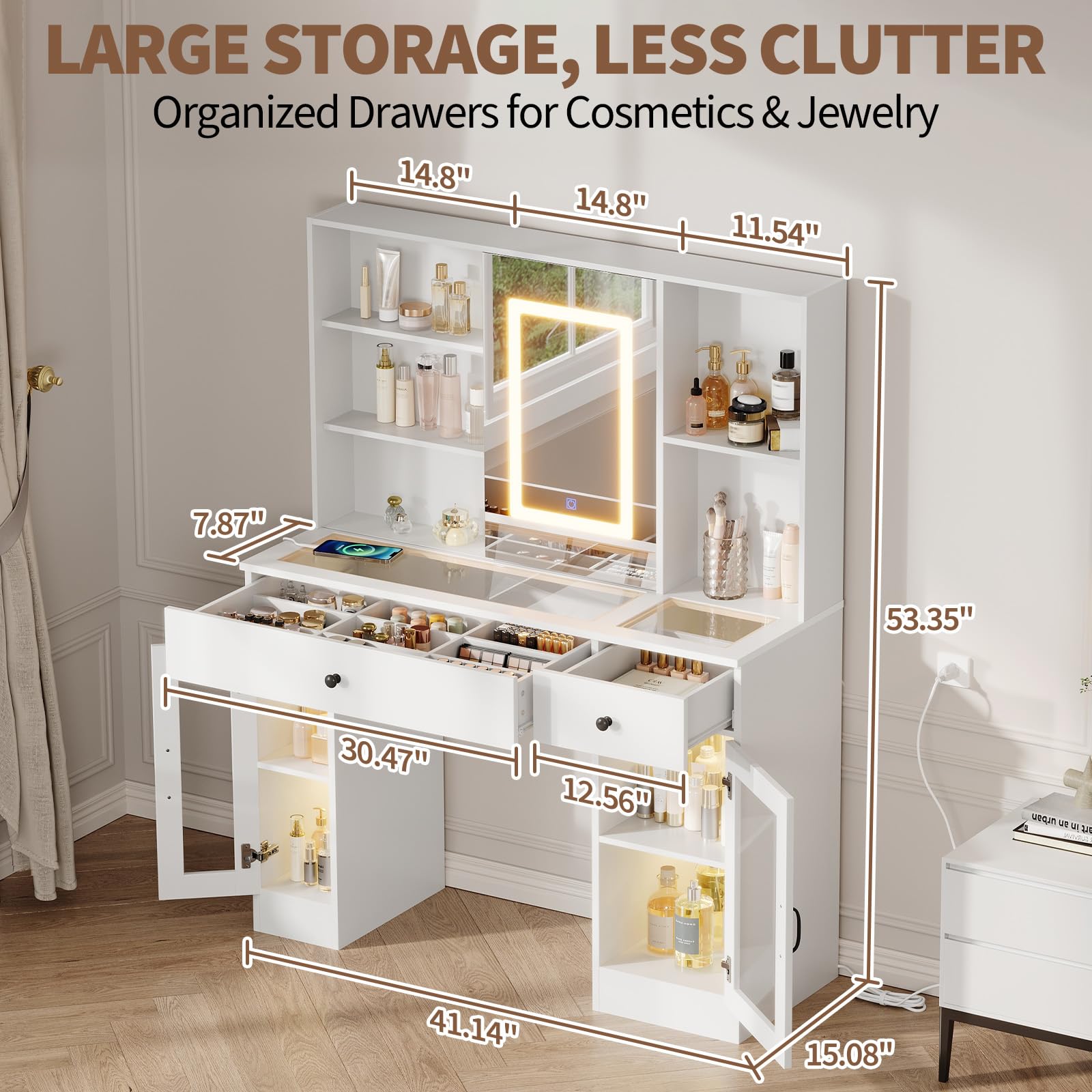 Garvee Coiffeuse avec Miroir LED 3 Couleurs, Plateau en Verre Effet Arc-en-Ciel, MDF Résistant, Tiroirs, Ports USB et Prises AC, Idéale Maquillage