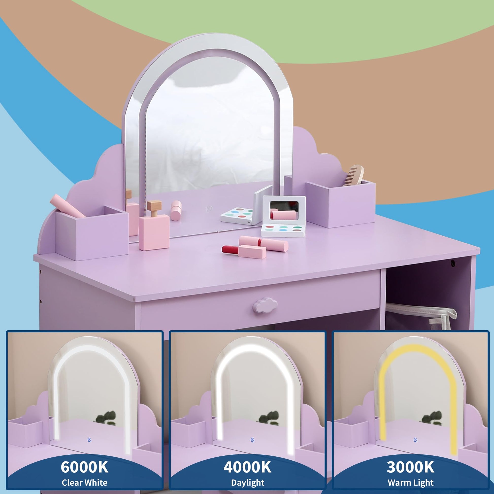 Garvee Coiffeuse Enfant avec Miroir Lumineux, Table et Tabouret 2 en 1, Grand Rangement, MDF Sûr, LED Réglable, pour Filles 3-9 Ans, Lilas