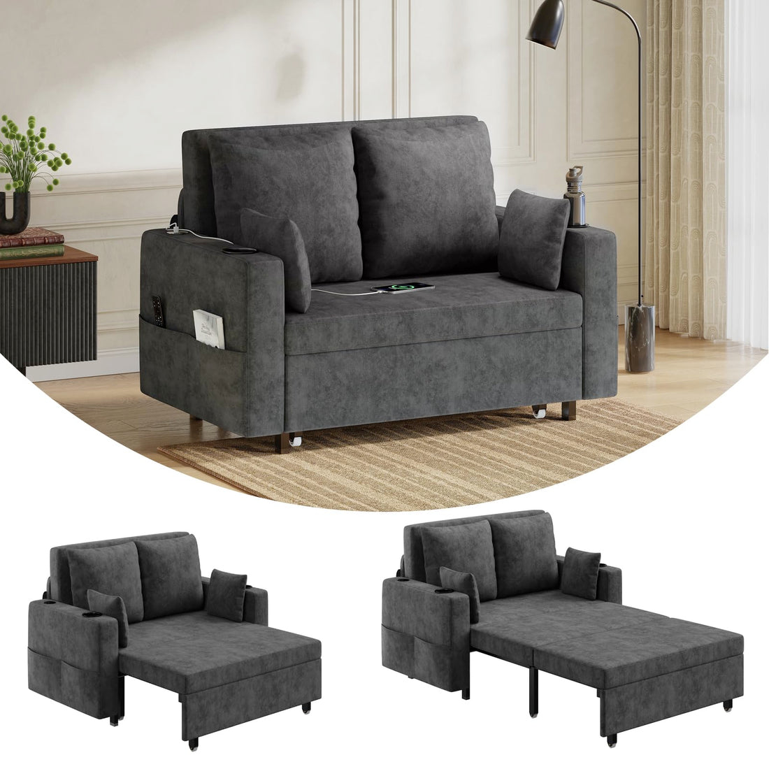 Canapé-lit 3 en 1 Garvee, 2 places, structure en acier, port de chargement USB, idéal pour les petits espaces, 142 cm (56 pouces), noir