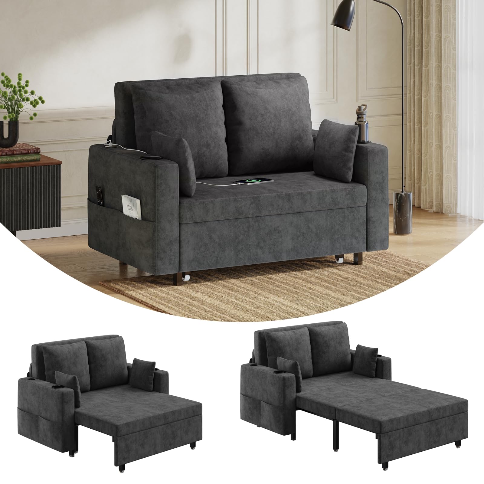 Canapé-lit 3 en 1 Garvee, 2 places, structure en acier, port de chargement USB, idéal pour les petits espaces, 142 cm (56 pouces), noir