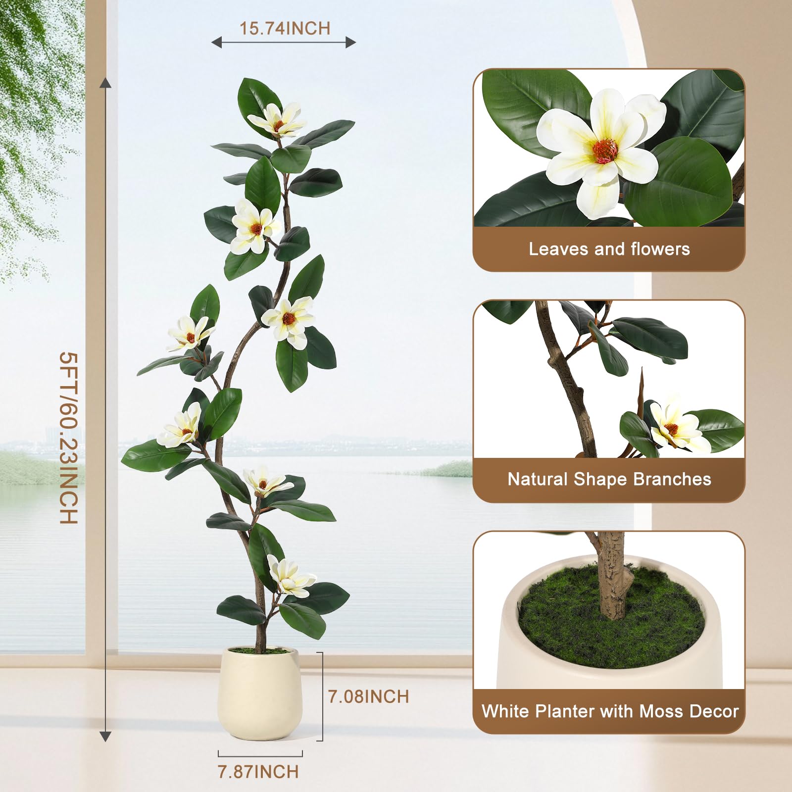 Garvee Arbre artificiel caoutchouc 152 cm en pot blanc, plante d’intérieur avec 7 fleurs de magnolia, idéale salon, bureau et décoration maison.