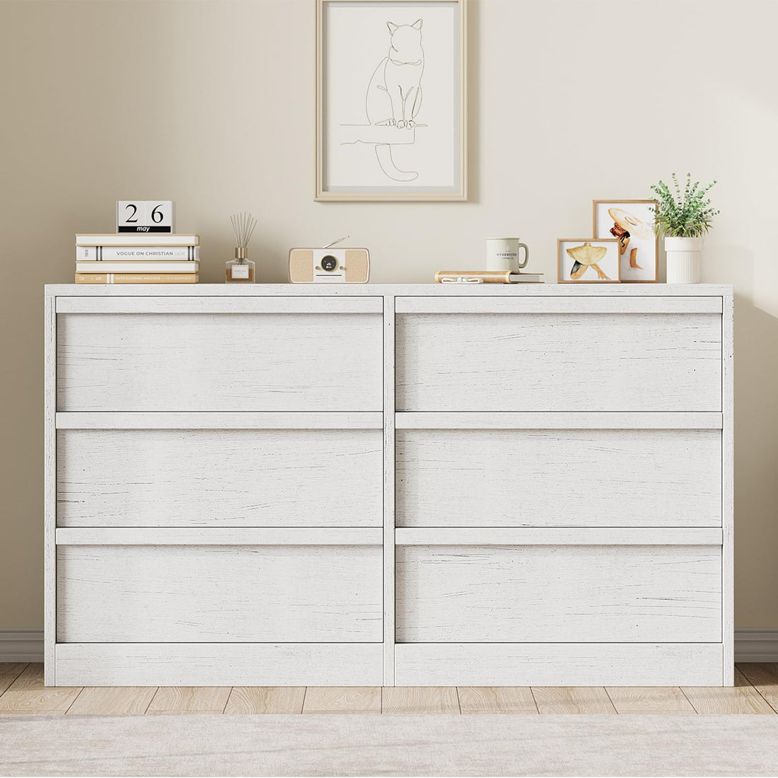 Commode Garvee à 6 tiroirs, blanc antique, pour chambre, salon et entrée, spacieuse, robuste, multifonctionnelle, en bois