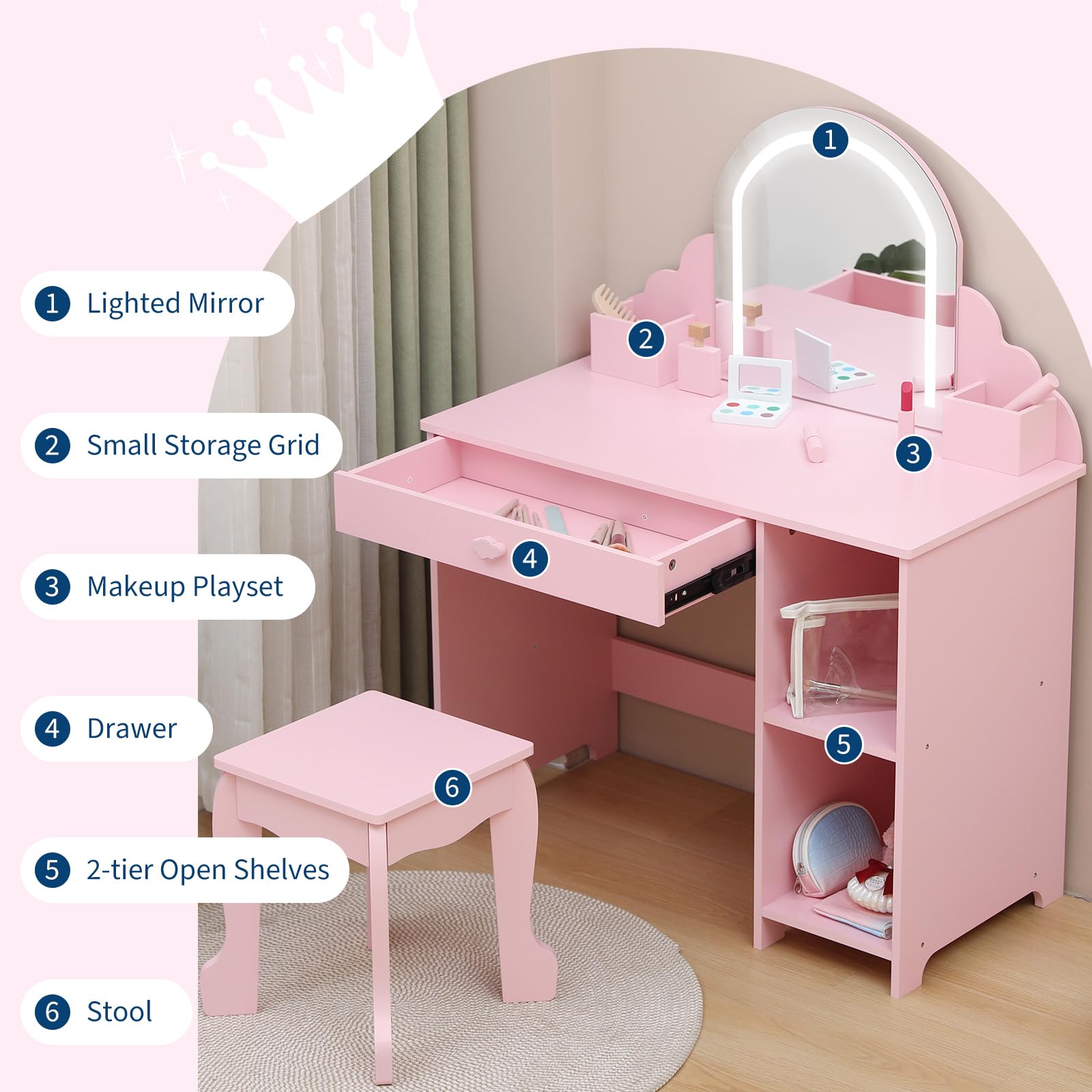 Garvee Coiffeuse Enfant Rose avec Miroir Lumineux, Tabouret, Tiroir et Étagères, MDF Sûr, LED Réglable, 100,33 × 80,01 × 40,13 cm