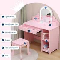 Garvee Coiffeuse Enfant Rose avec Miroir Lumineux, Tabouret, Tiroir et Étagères, MDF Sûr, LED Réglable, 100,33 × 80,01 × 40,13 cm