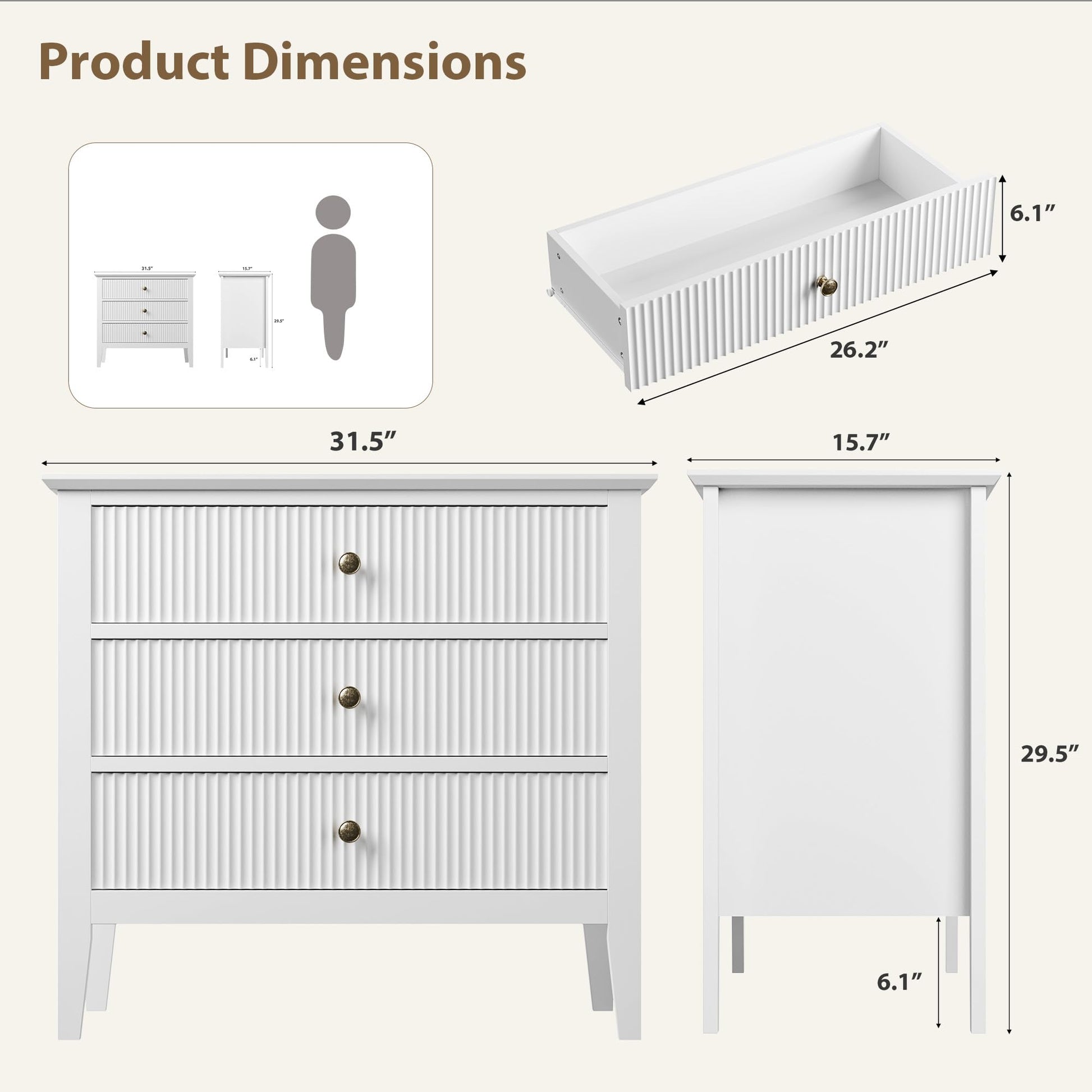 Commode Garvee blanche cannelée à 3 tiroirs, style moderne, en bois, pour chambre ou couloir, 80 cm (L) x 75 cm (H), blanche